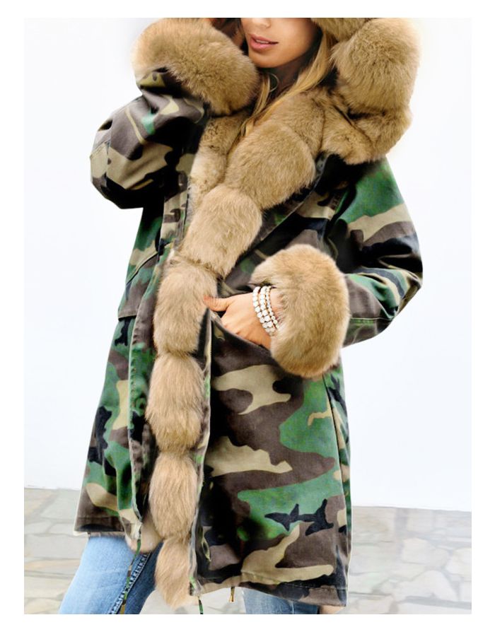 Winter New Faux Fur Plush Warm Thick Medium Long Padded Coat Women Camo Drawstring Overcoat
