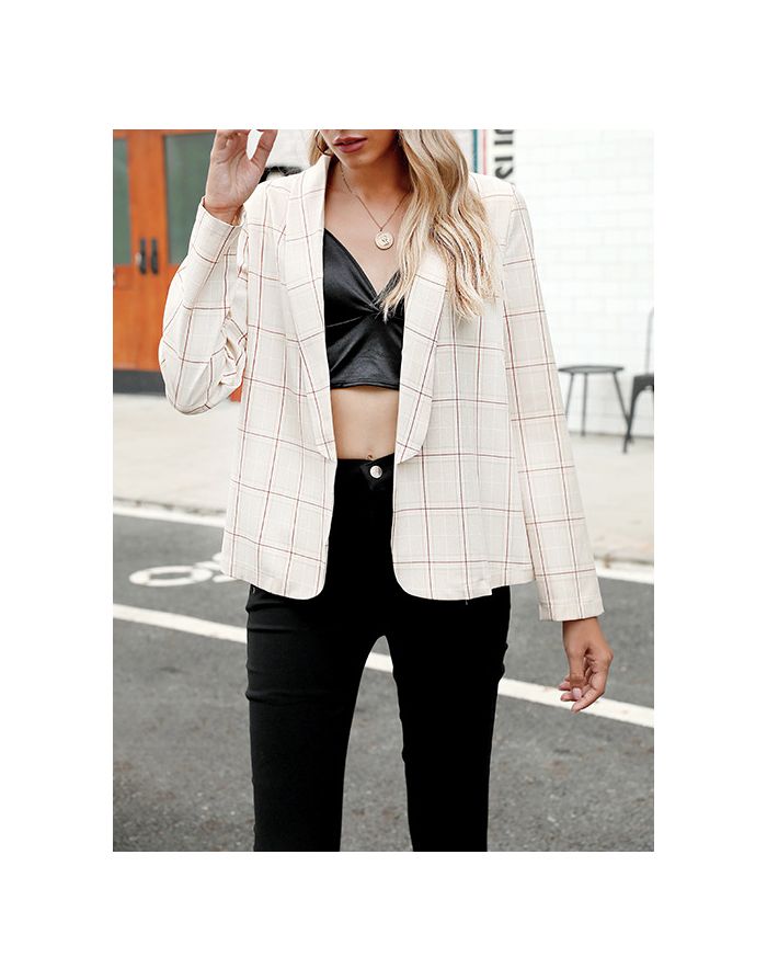 Women New Fashion Plaid Cardigan Coat Long Sleeve Loose Simple Blazers